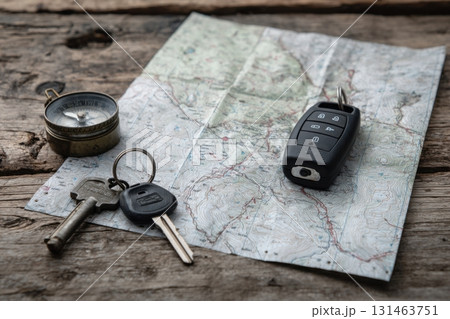 Camping map compass car keys and EV charger icon 131463751