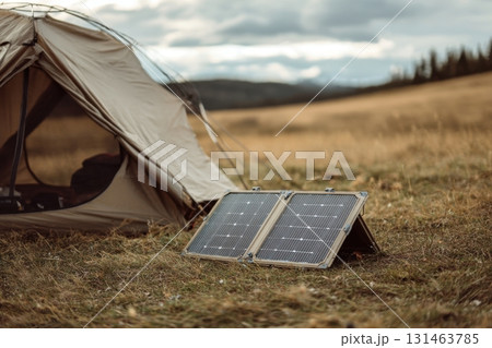 Small foldable solar panels beside compact tent on grassy field for eco camping 131463785