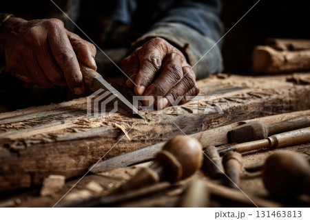 Hands carving wood with traditional tools, focused on craft Hands carving wood with traditional tools, focused on craft 131463813