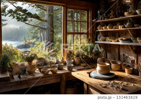Rustic Pottery Studio with Handmade Ceramic Bowls, Vases and Mugs on Wooden Shelves and Workbench by Large Window Overlooking Forest Coastline 131463819