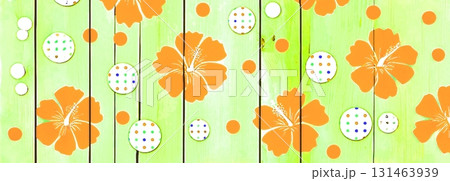 背景素材　背景画像　パターン素材　背景イラスト　壁紙　水彩画風　ハイビスカス　黄緑オレンジ 131463939
