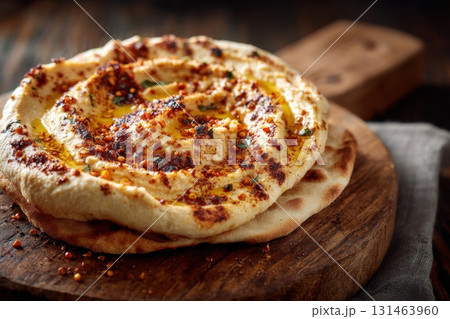Close-up of pita bread toast with creamy harissa hummus drizzled with olive oil on wooden board Close-up of pita bread toast with creamy harissa hummus drizzled with olive oil on wooden board 131463960