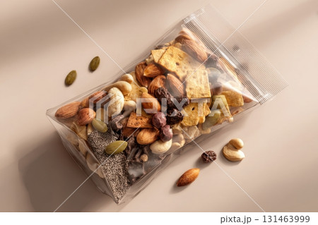 Snack mix with seeds, crisps, and beans to illustrate healthy nutritious snack Snack mix with seeds, crisps, and beans to illustrate healthy nutritious snack 131463999
