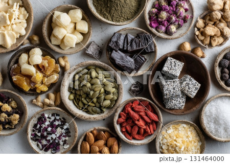 Diverse organic snacks displayed allergen-free Diverse organic snacks displayed allergen-free 131464000