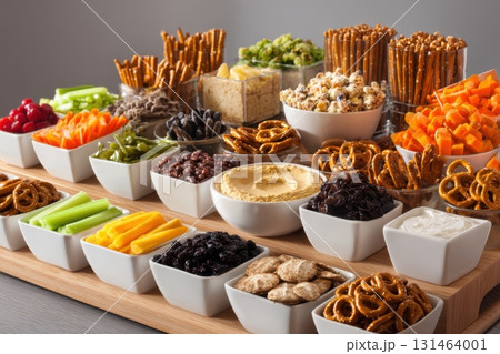 Cafe counter with mixed snacks and hummus sets Cafe counter with mixed snacks and hummus sets 131464001