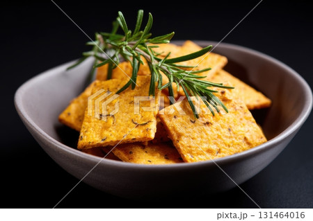 Corn and vegetable crackers with rosemary, arranged in minimal ceramic bowl, healthy snack concept 131464016