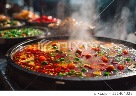 Steaming bowl of colorful malatang spicy hot pot 131464325