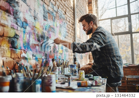 Artist painting mural on brick wall in converted warehouse showing urban art and creative process 131464332