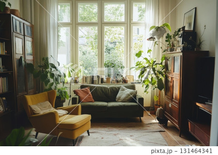 Cozy home interior featuring repurposed furniture, soft colors, and plants for sustainable living 131464341