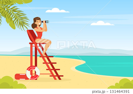 Young Woman Lifeguard Sitting on High Ladder with Binoculars Supervising Safety Vector Illustration Young Woman Lifeguard Sitting on High Ladder with Binoculars Supervising Safety Vector Illustration 131464391