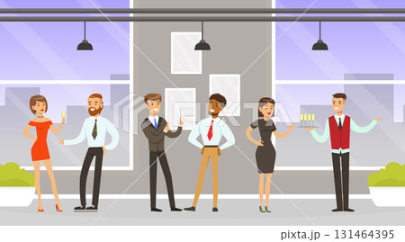 Man Waiter as Hotel Staff in Uniform Serving Visitors Distributing Drinks Vector Illustration Man Waiter as Hotel Staff in Uniform Serving Visitors Distributing Drinks Vector Illustration 131464395