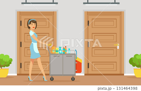 Woman Maid as Hotel Staff in Apron Pushing Cart with Detergents Vector Illustration 131464398