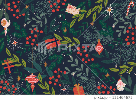 クリスマスのかわいい柄の背景素材。オーナメントやプレゼントボックスのパターン。 131464673