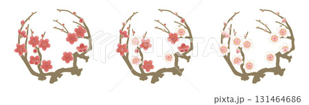 梅の花の円形フレームセット 紅白 和柄 正月 年賀状素材 131464686