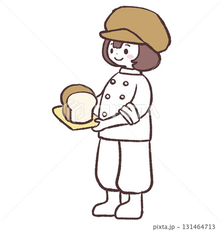 パンを乗せたトレーを持つパン屋の斜めからのイラスト 131464713