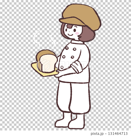 パンを乗せたトレーを持つパン屋の斜めからのイラスト 131464713