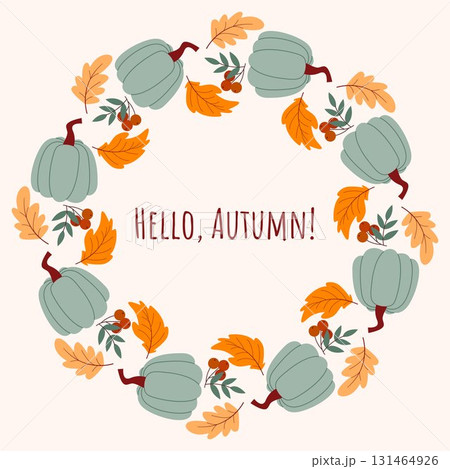 Fall wreath of pumpkins, leaves, and berries 131464926