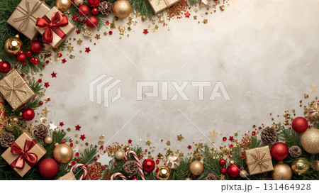クリスマス背景 フレーム 装飾 プレゼント ボール オーナメント 松ぼっくり ゴールド 赤色 イメー 131464928