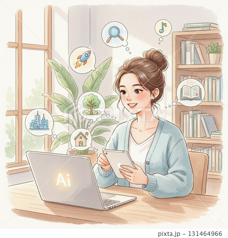 AIと創造性をテーマに自宅で働く女性 | 水彩画風の優しいタッチ AIと創造性をテーマに自宅で働く女性 | 水彩画風の優しいタッチ 131464966