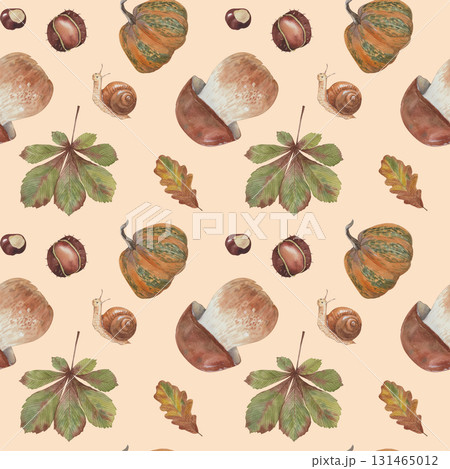 Cute watercolor seamless pattern with mushroom, leaves, bun, coffee and yarn for knitting Cute watercolor seamless pattern with mushroom, leaves, bun, coffee and yarn for knitting 131465012