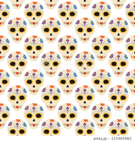 Sugar skulls Festive Decorated Seamless Pattern Day of the Dead or other Mexican Holidays Background 131465062