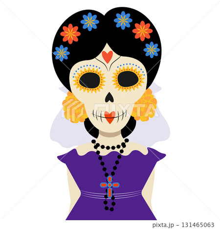 Sugar skull woman with Flowers decoration and beads with Rood Day of The Dead Character Flat Design Sugar skull woman with Flowers decoration and beads with Rood Day of The Dead Character Flat Design 131465063