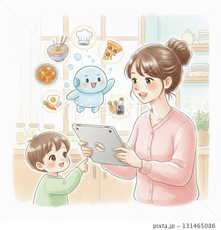AIで献立を考える親子 | キッチンでの楽しい食卓準備と優しい暮らし 131465086