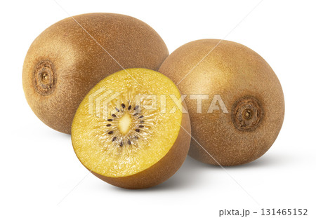 Fresh golden kiwi fruit and a cut in a half isolated. Group of golden kiwis. 131465152