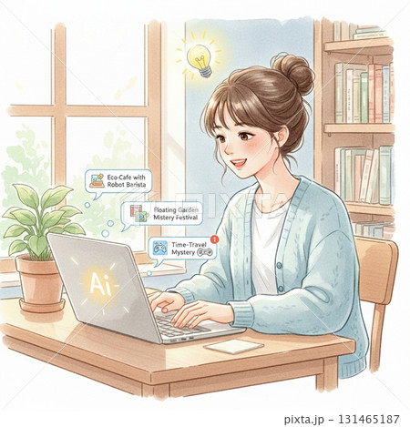 AIで調べ物やアイデアを検索する女性 | 未来的な情報収集と優しい暮らし 131465187