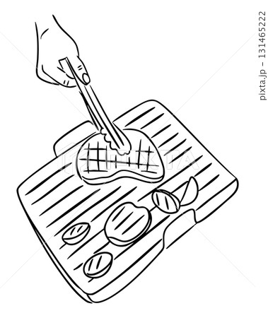 Hand drawn illustration of a grill with vegetables and meat being cooked using tongs Hand drawn illustration of a grill with vegetables and meat being cooked using tongs 131465222