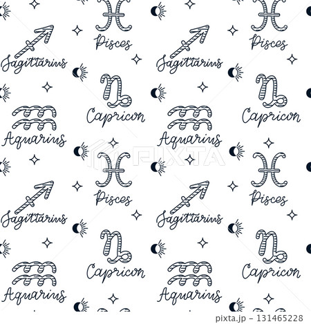 Seamless hand drawn pattern of zodiac signs Pisces, Aquarius, Capricorn and Sagittarius with stars and moons. 131465228