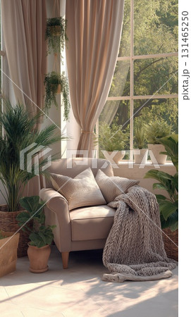 Cozy garden room corner with an armchair, pillows, knit blanket and potted plants by a sunny window 131465250