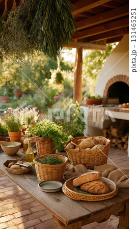 Rustic outdoor table with fresh bread, herbs, and olive oil near a brick oven in garden sunlight 131465251