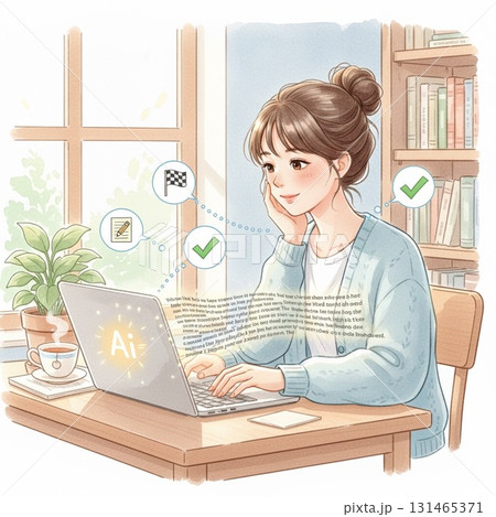 AIで在宅勤務の文章作成を効率化する女性 | 優しいタッチの仕事風景 131465371