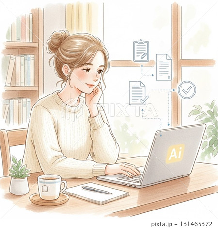 AIで在宅勤務の文章作成を効率化する女性 | 優しいタッチの仕事風景 AIで在宅勤務の文章作成を効率化する女性 | 優しいタッチの仕事風景 131465372
