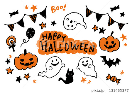 ハロウィンイラストセット 手描き風のかぼちゃ おばけ 黒猫 コウモリ キャンディ 131465377