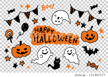 ハロウィンイラストセット 手描き風のかぼちゃ おばけ 黒猫 コウモリ キャンディ 131465377
