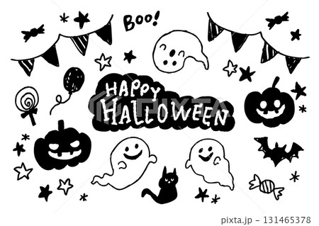 モノクロのハロウィンイラストセット 手描き風のかぼちゃ おばけ 黒猫 コウモリ キャンディ モノクロのハロウィンイラストセット 手描き風のかぼちゃ おばけ 黒猫 コウモリ キャンディ 131465378
