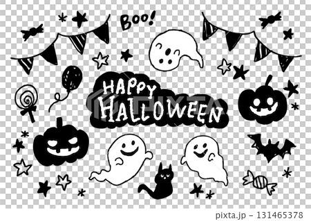 單色萬聖節插圖集：手繪南瓜、鬼、黑貓、蝙蝠、糖果 131465378