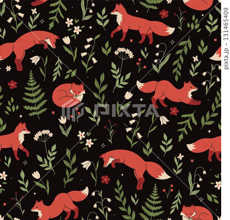 Seamless forest pattern with foxes and flowers. Vector graphics. Seamless forest pattern with foxes and flowers. Vector graphics. 131465409