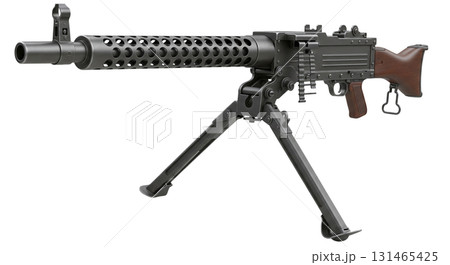 This detailed depiction features a US Browning caliber machine gun from World War II, mounted and isolated against a transparent background, showcasing its design and historical significance. 131465425