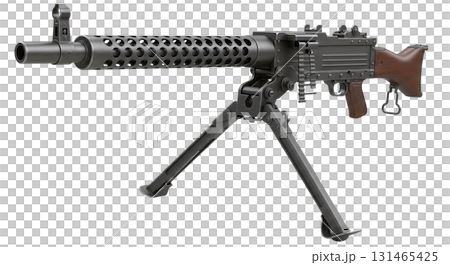This detailed depiction features a US Browning caliber machine gun from World War II, mounted and isolated against a transparent background, showcasing its design and historical significance. 131465425