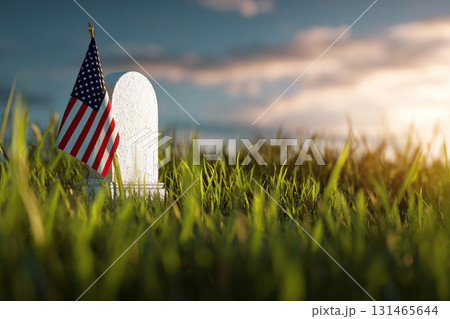 A small US flag on the green grass near a grave. A symbol of American courage and sacrifice. Remembrance Day, Veterans Day 131465644