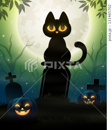 Halloween background with black cat, cemetery and pumpkins 131465702