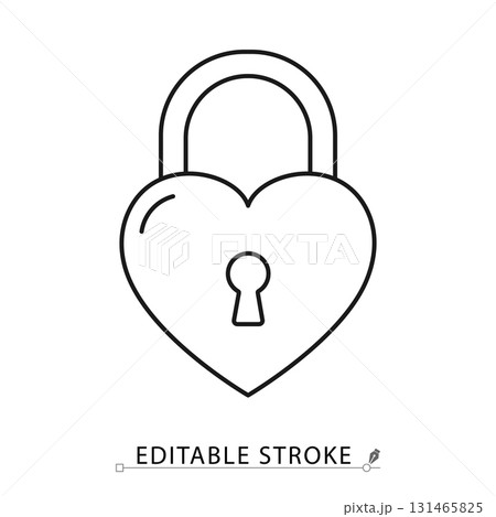 A heart shaped padlock icon in a minimalist line style with editable stroke. Love symbol, romance security, valentine day gift, wedding commitment sign, forever relationship secret. 131465825