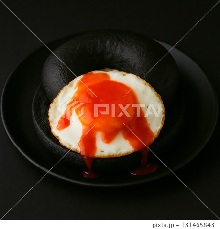 黒ベーグルと目玉焼きのモダンプレート 131465843