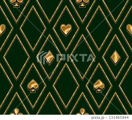 Seamless geometric pattern with card suits golden icons in rhombus grid. Diagonal arrangement of hearts, clubs, spades, diamonds symbols. Luxury kitsch style. Gambling, casino theme 131465844