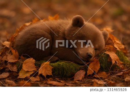 Sleeping bear cub curled on moss among autumn leaves, warm golden light Sleeping bear cub curled on moss among autumn leaves, warm golden light 131465926