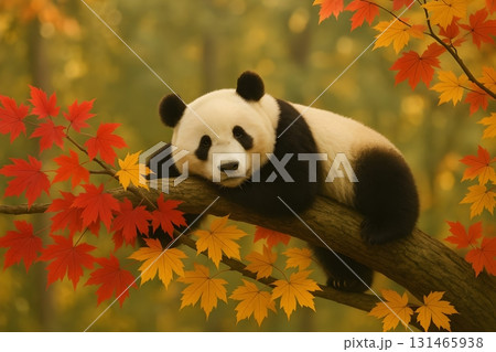 Giant panda resting on a tree branch surrounded by red and yellow maple leaves in a soft autumn forest 131465938