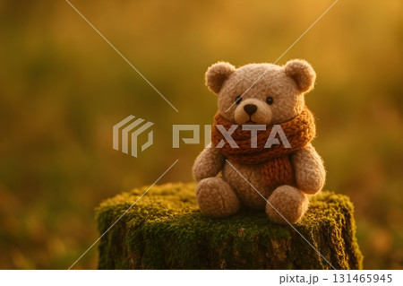 Plush teddy bear in a chunky knitted scarf sits on a mossy tree stump at golden sunset 131465945